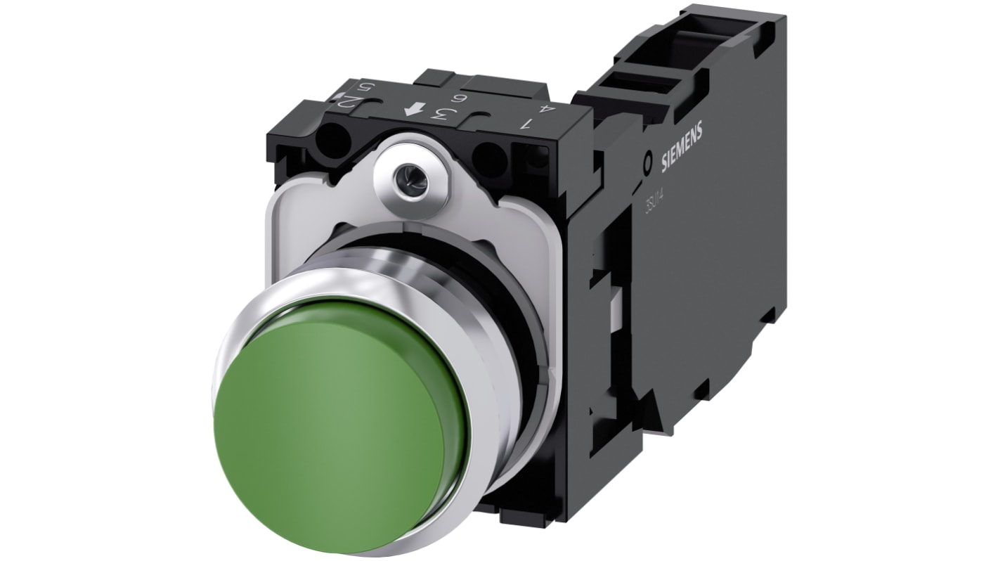 Pulsante rotondo Siemens 22 mm, verde, SPST, montaggio a vite, grado di protezione IP66/IP67/IP69K, codice 3SU1150-0BB40-1FA0.
