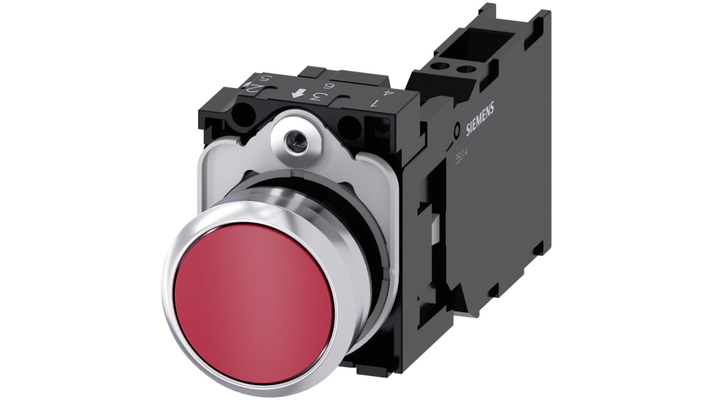 Pulsante rotondo Siemens 3SU1150-0AB20-3FA0, 22 mm, rosso, SPST, corpo metallico, protezione IP66/IP67/IP69K, installazione snap-on.