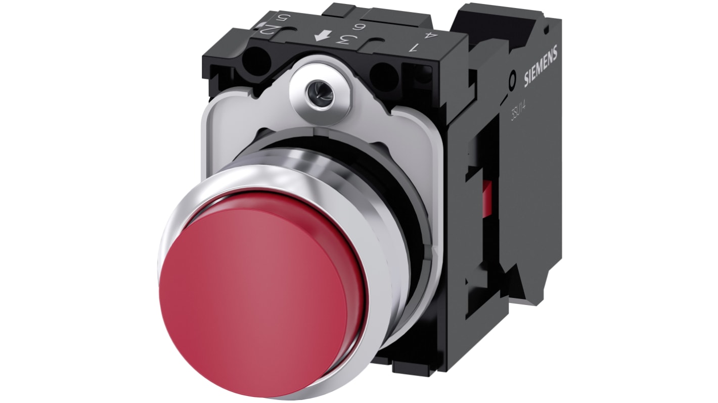 Siemens pulsante SPST rotondo 22 mm rosso, corpo metallico, protezione IP66/IP67/IP69K, installazione snap-on.