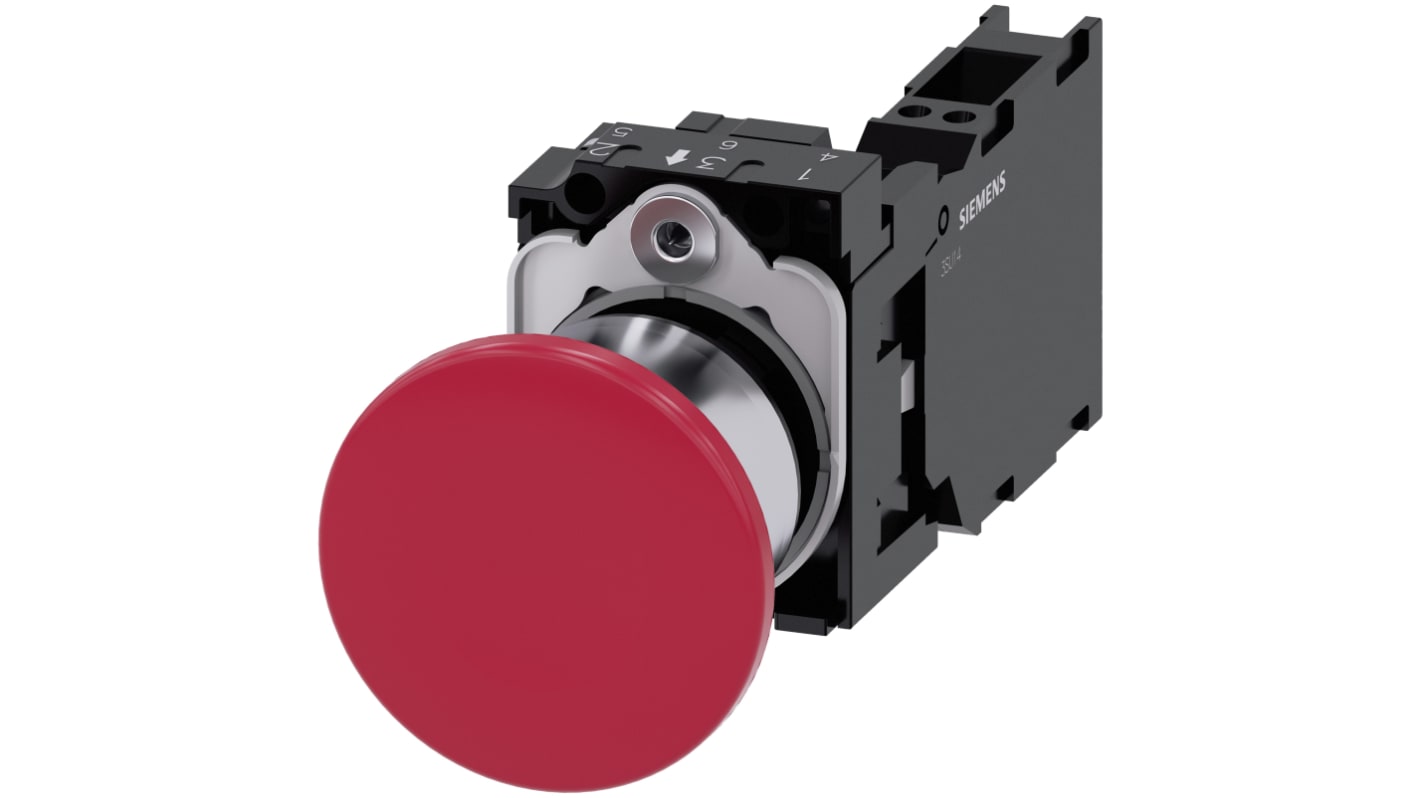 Pulsante Siemens rotondo SPST, diametro 40 mm, rosso, protezione IP66/IP67/IP69K, meccanismo di sblocco a trazione.
