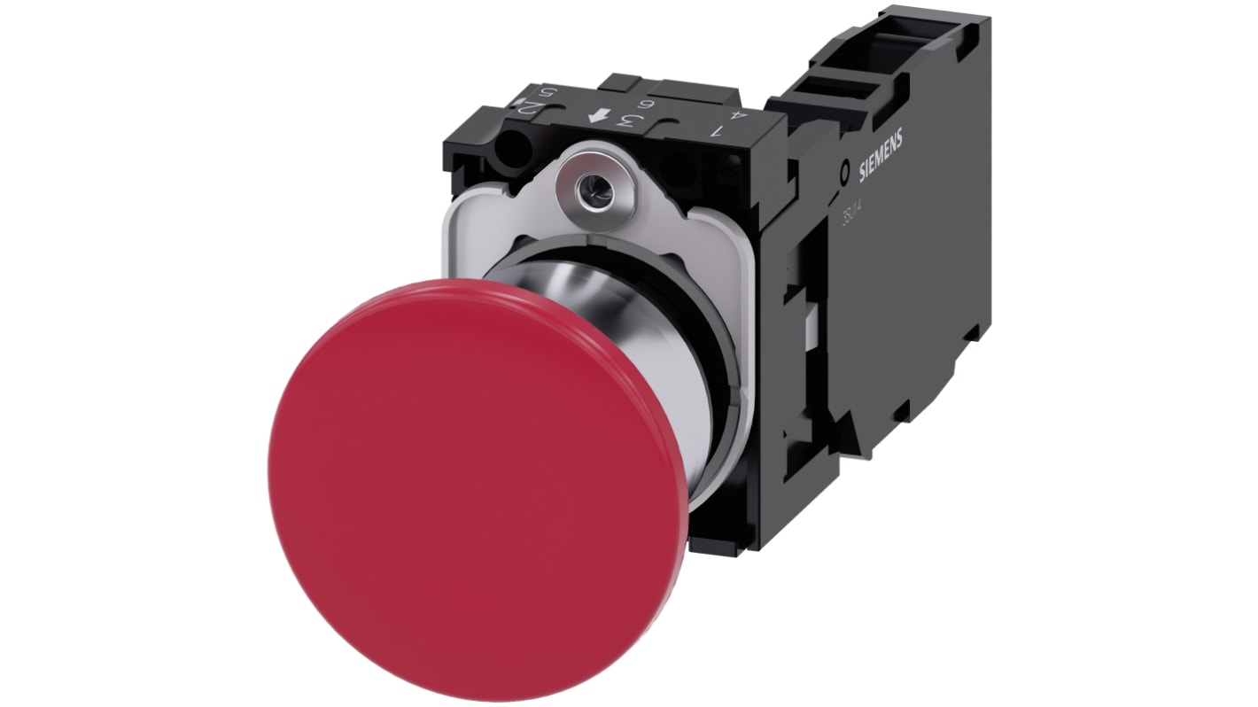 Pulsante SPST Siemens 3SU1150-1BA20-1FA0, rotondo rosso, diametro 40 mm, protezione IP66/IP67/IP69K, tensione 500V.
