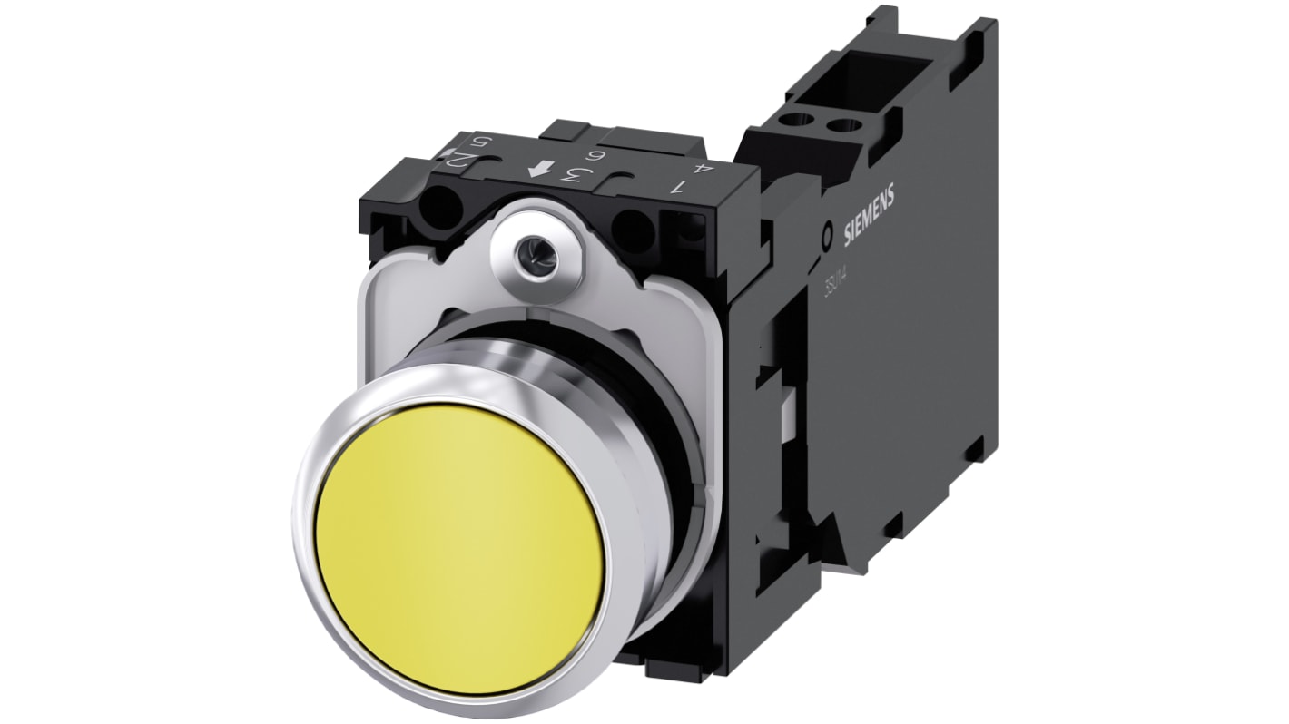 Pulsante rotondo Siemens SPST, 22 mm, giallo, IP66/IP67/IP69, corpo metallico, installazione rapida, codice 3SU1150-0AB30-3FA0.