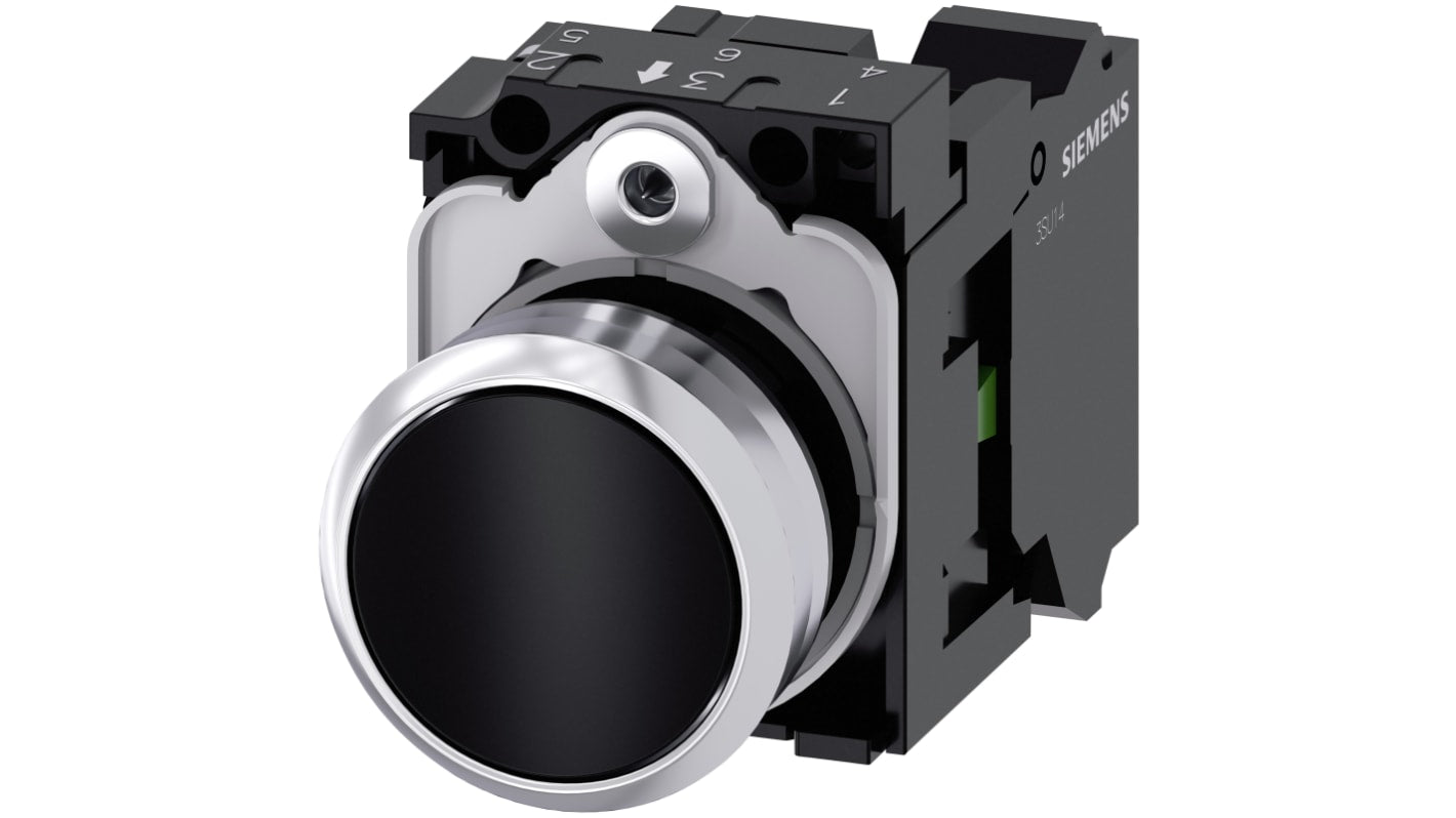 Pulsante SPST Siemens 3SU1150-0AB10-3BA0, rotondo 22 mm, contatto momentaneo, grado di protezione IP66/IP67/IP69K.
