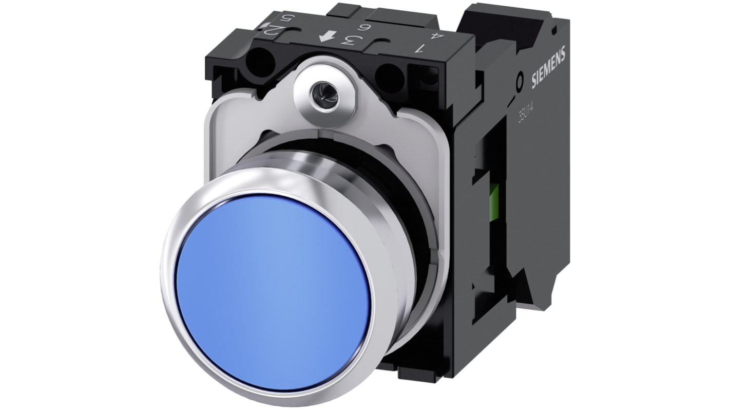 Pulsante rotondo Siemens SIRIUS ACT, 22 mm, SPST, IP66/IP67/IP69K, blu, installazione snap-on, tensione max 500V.