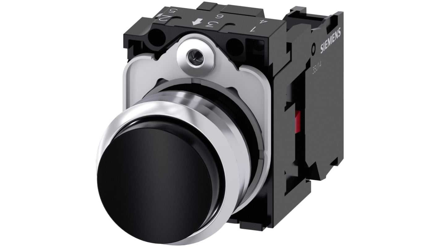 Pulsante rotondo Siemens SIRIUS ACT, SPST, diametro 22 mm, corpo metallico, IP66/IP67/IP69K, tensione max 500V.