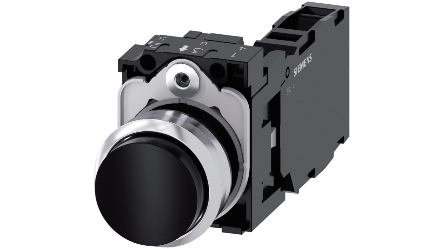 Pulsante rotondo Siemens 3SU1150-0BB10-1FA0, metallo nero, SPST, IP66/IP67/IP69K, installazione snap-on, 22 mm.