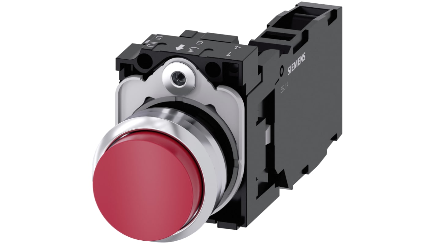 Pulsante rotondo Siemens 3SU1150-0BB20-1FA0, SPST, rosso, montaggio a vite, IP66/IP67/IP69K, diametro 29.45 mm, 500V.