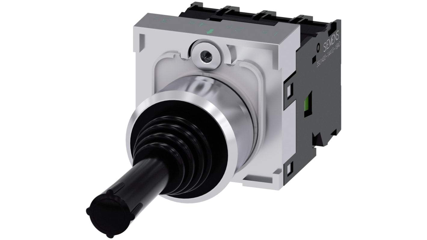 Interruttore joystick Siemens 3SU1150-7AE88-1QA0, rotondo, metallo nero, 4 posizioni, IP65/IP67, corrente 10 A, altezza 71.3 mm.