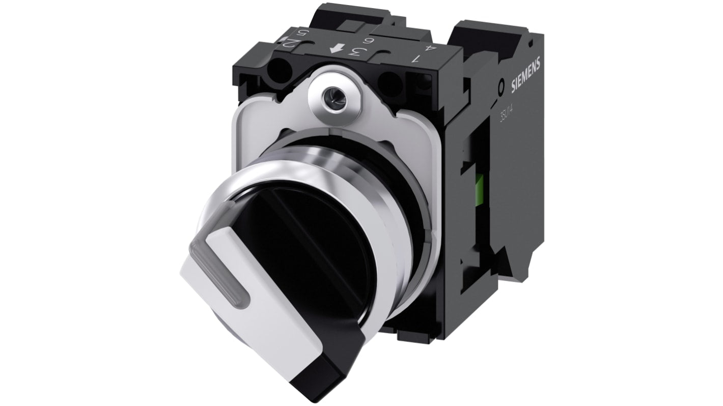 Selettore a 2 posizioni Siemens, rotondo, metallo lucido bianco, 22 mm, con contatti normalmente aperto e chiuso, protezione IP66/IP67/IP69K. Montaggio semplice, adatto per ambienti industriali.