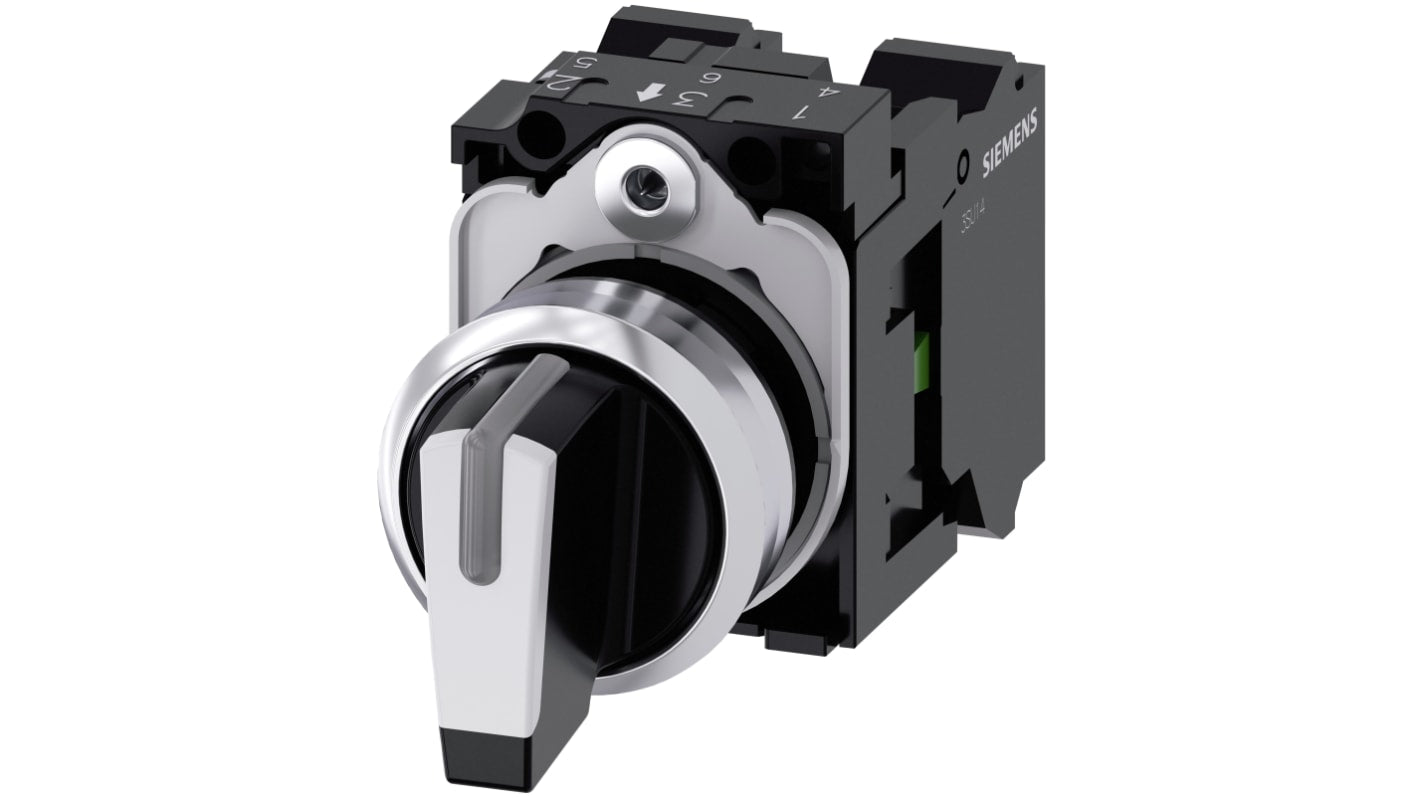 Selettore a 3 posizioni Siemens, rotondo, metallo lucido bianco, IP66/IP67/IP69K, installazione snap-on, 22 mm.