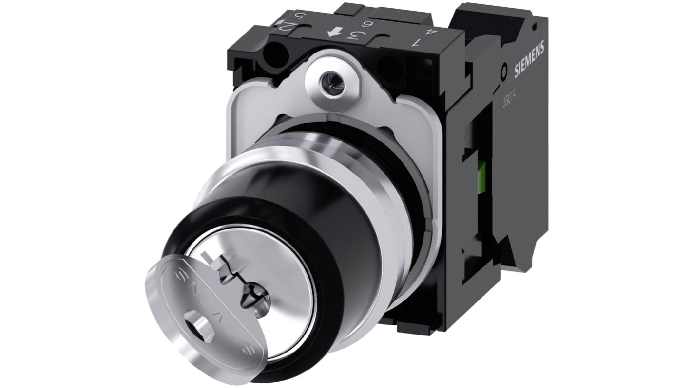 Interruttore a chiave Siemens SPST a 2 posizioni, metallo lucido, protezione IP66/IP67/IP69, temperatura -25/+70°C, 500V.