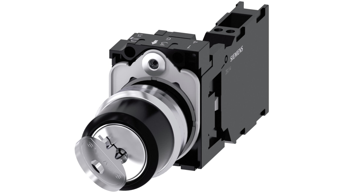 Interruttore a chiave Siemens 3SU1150-4BF11-3FA0, 2 posizioni, IP66/IP67/IP69, metallo, 500V, angolo 90°, -25/+70°C.