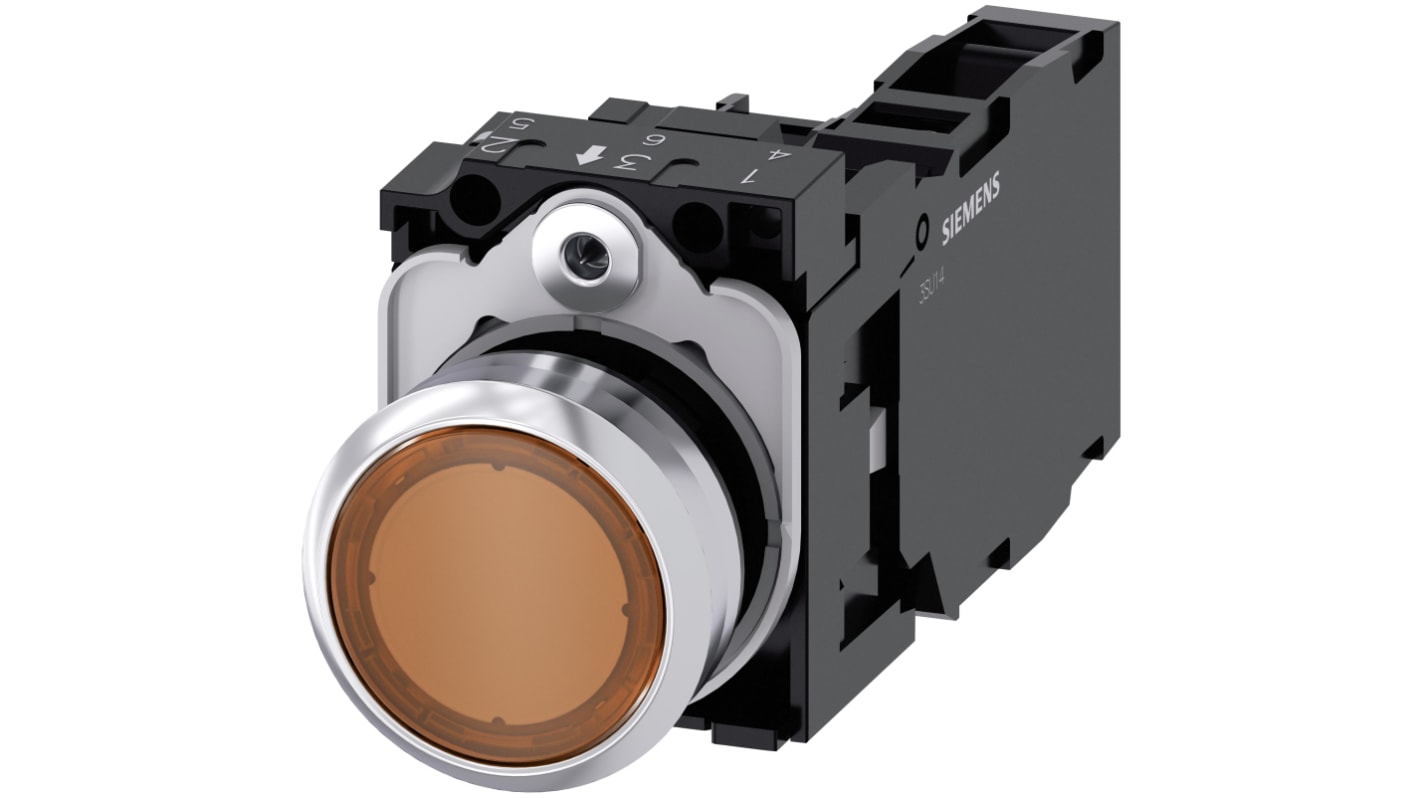 Pulsante luminoso Siemens SPST rotondo, 22 mm, ambra, IP66/IP67/IP69K, 24 V, montaggio snap-on, corpo metallico.