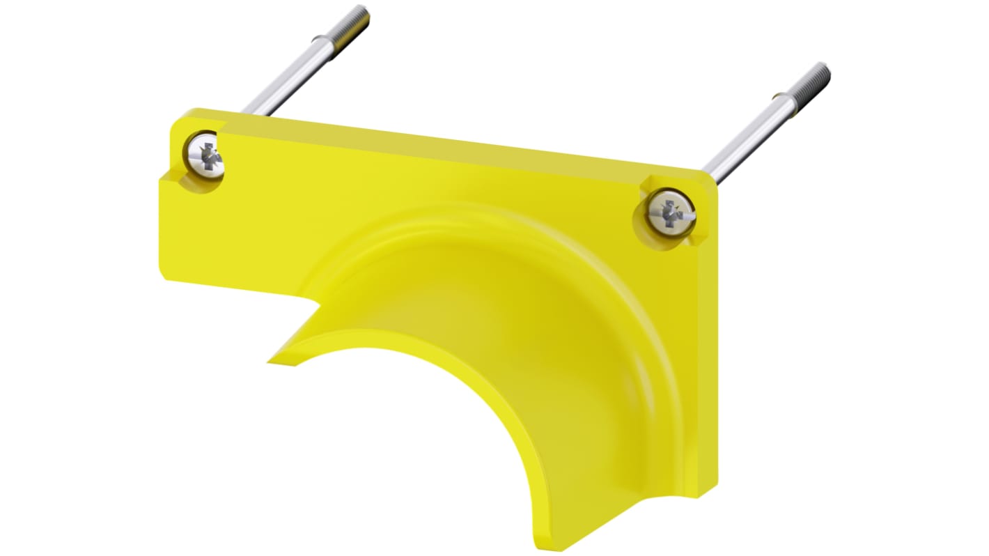 Collare protettivo Siemens per pulsante a fungo, plastica gialla, compatibile con diametri 30 mm e 40 mm, montaggio su contenitore.