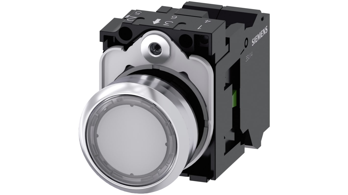 Pulsante luminoso Siemens SIRIUS ACT, rotondo 22 mm, contatto SPST, grado di protezione IP66/IP67/IP69K, installazione snap-on.
