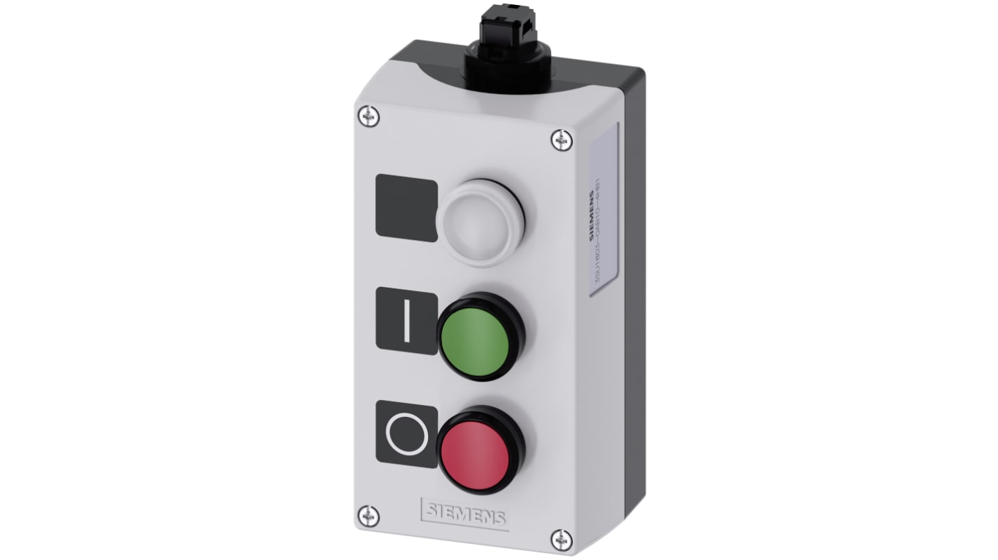 Interruttore stazione di controllo Siemens, 10A, IP66/IP67/IP69, montaggio a pavimento, pulsanti verde e rosso, diametro foro 22mm.