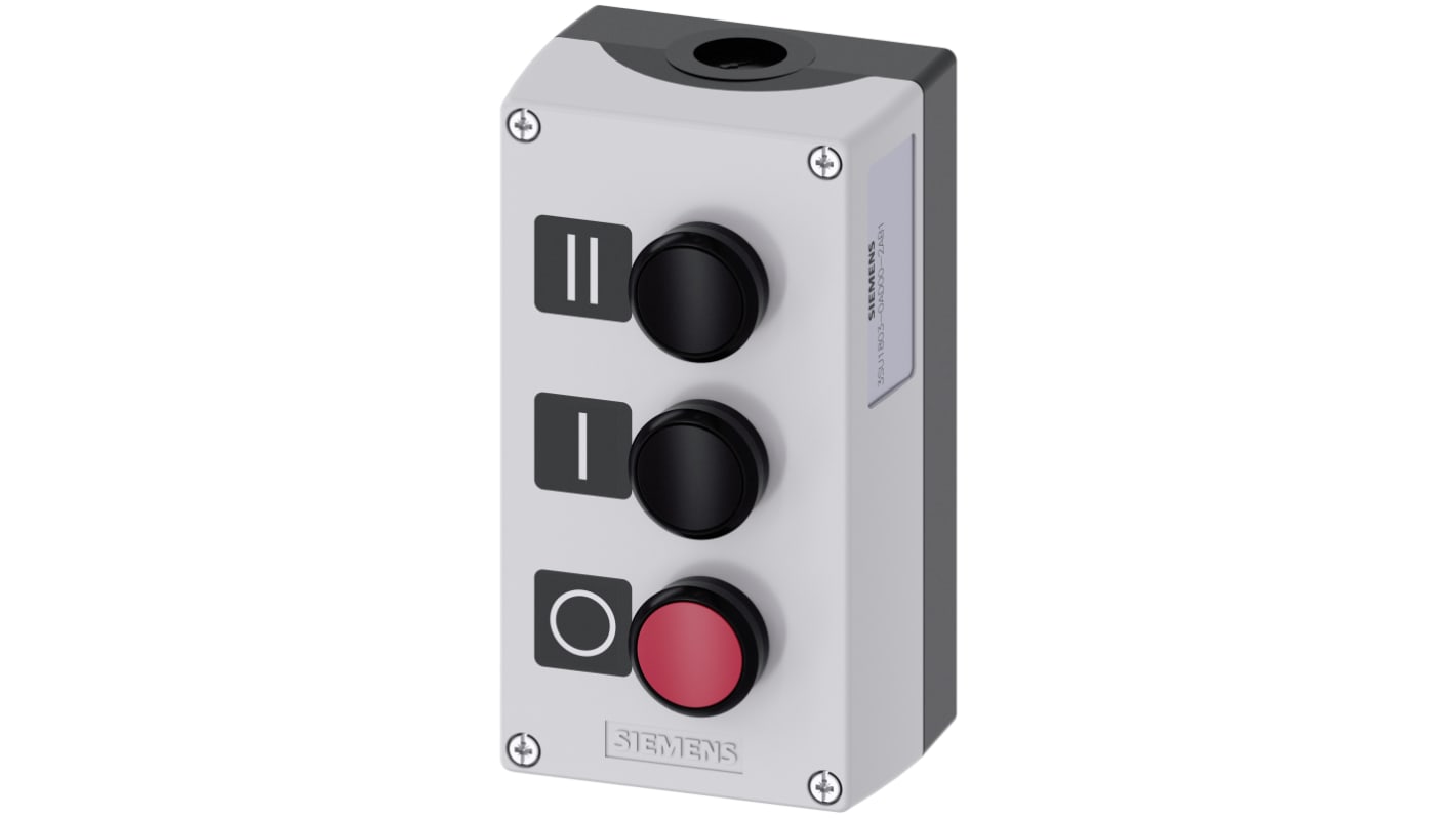 Interruttore stazione di controllo Siemens, serie SIRIUS ACT, rotondo, IP66/IP67/IP69, montaggio a pavimento, 154mm x 85mm x 75mm.