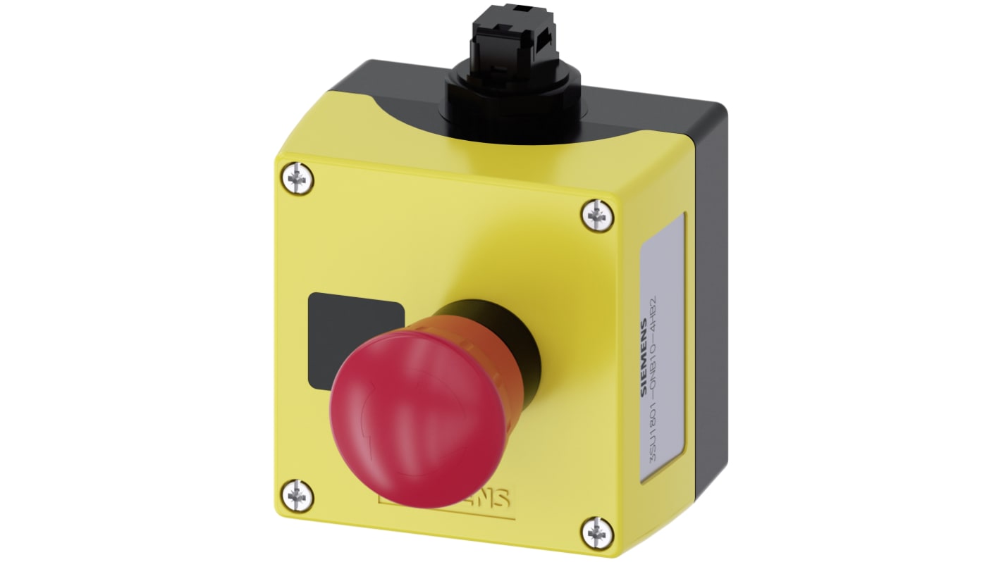Pulsante di arresto di emergenza Siemens 3SU1801-0NB10-4HB2, montaggio superficiale, rosso, IP66/IP67/IP69, dimensioni 85x105.4x109 mm.