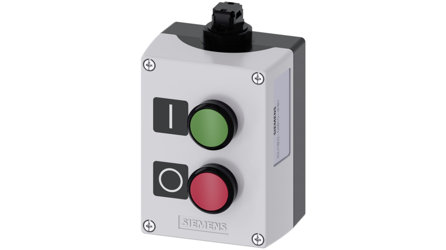 Interruttore stazione di controllo Siemens, 10A, IP66/IP67/IP69, montaggio a pavimento, pulsanti verde e rosso, diametro foro 22mm.