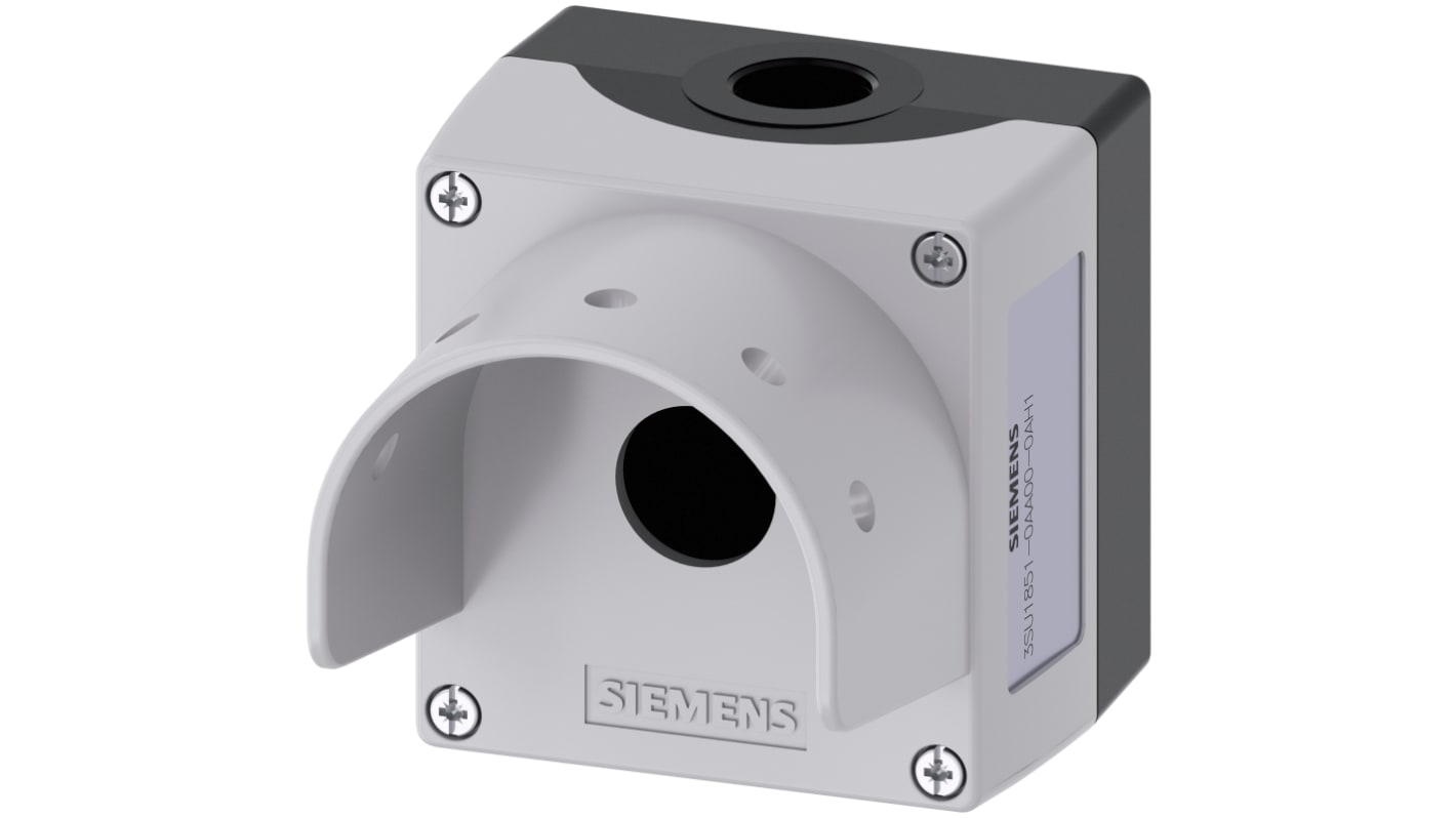 Scatola per pulsante Siemens Ø 22 mm in metallo grigio, montaggio a pavimento, dimensioni 85x112.5 mm, range -25/+70 °C.