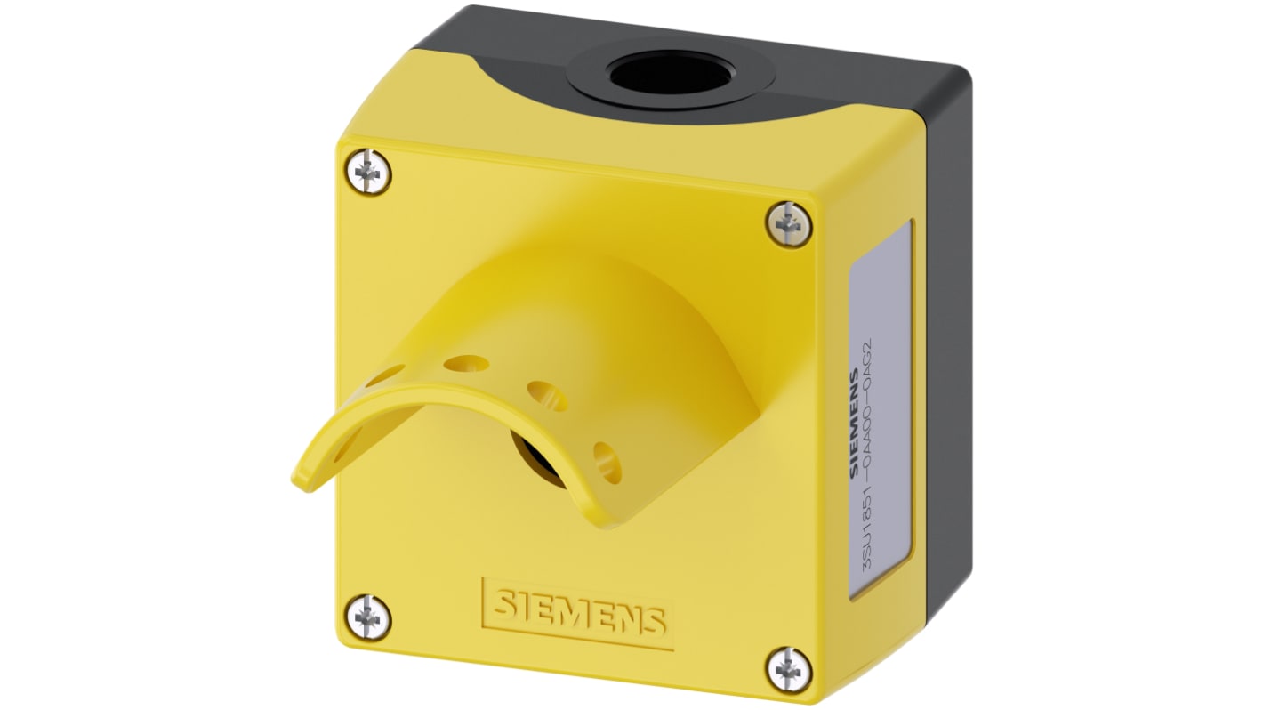 Scatola per pulsante Siemens Ø 22mm, in metallo giallo, montaggio a pavimento, dimensioni 85mm x 112.5mm, resistente a temperature da -25 a +70°C.