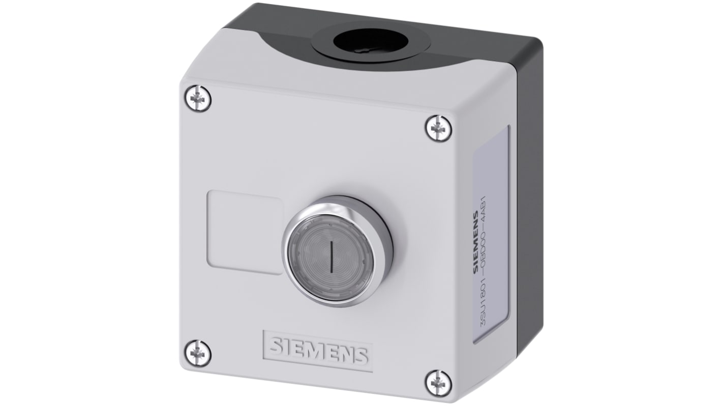 Interruttore stazione di controllo Siemens, 10A, IP66/IP67/IP69, montaggio a molla, diametro foro 22mm, dimensioni 85x85x75mm.
