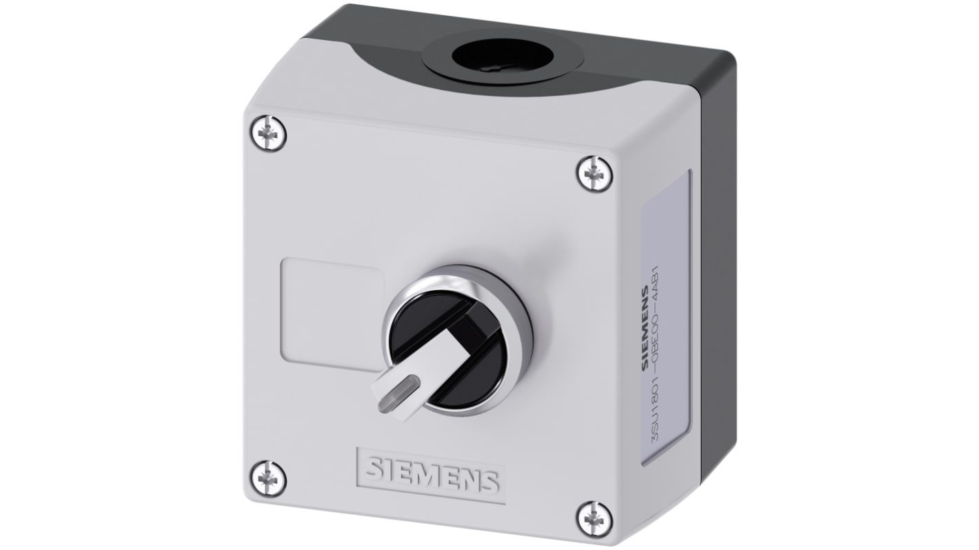 Interruttore stazione di controllo Siemens, 10A, IP66/IP67/IP69, montaggio a pavimento, diametro foro 22mm, 85x85x75mm.