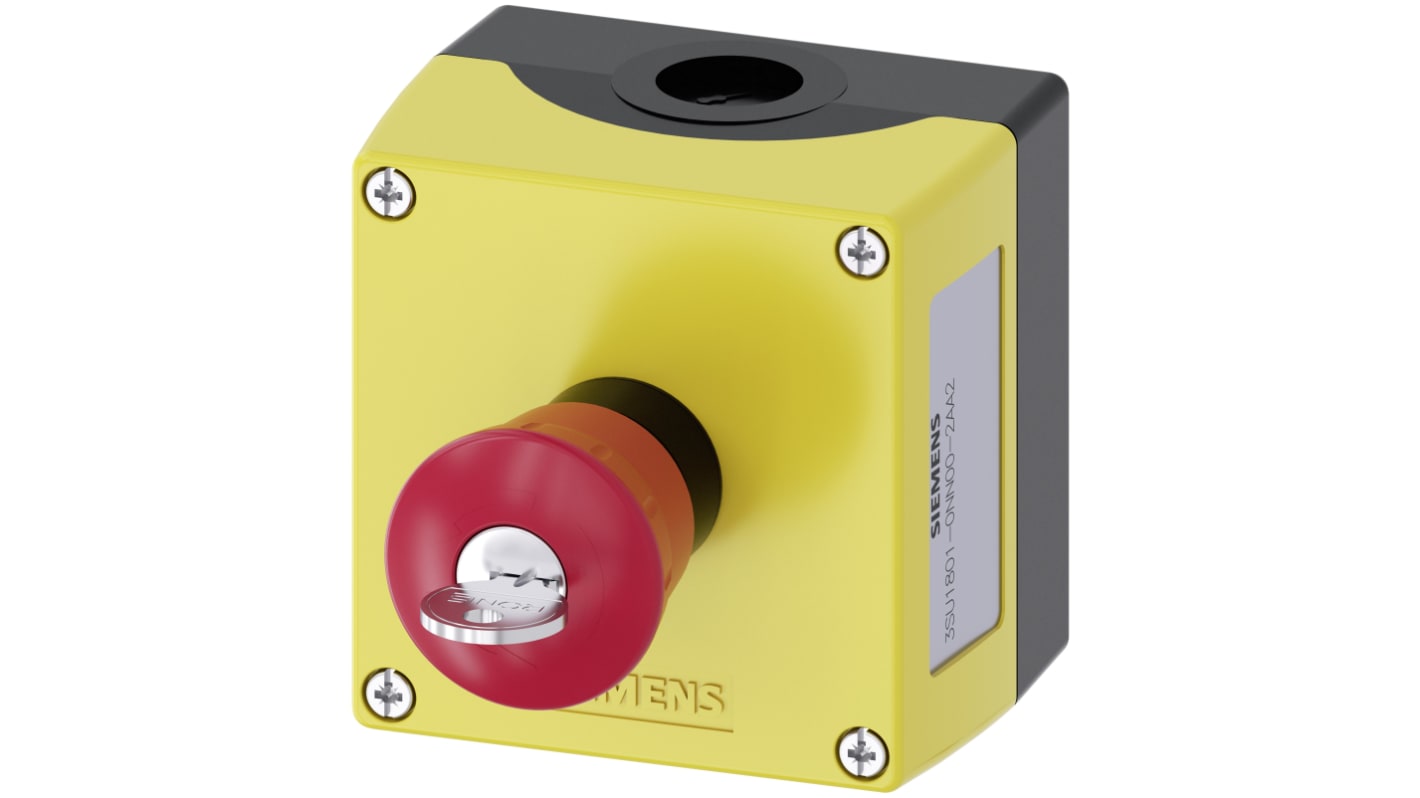 Pulsante di arresto di emergenza Siemens 3SU1801-0NN00-2AA2, montaggio superficiale, grado di protezione IP66/IP67/IP69, dimensioni 85x85x109 mm.