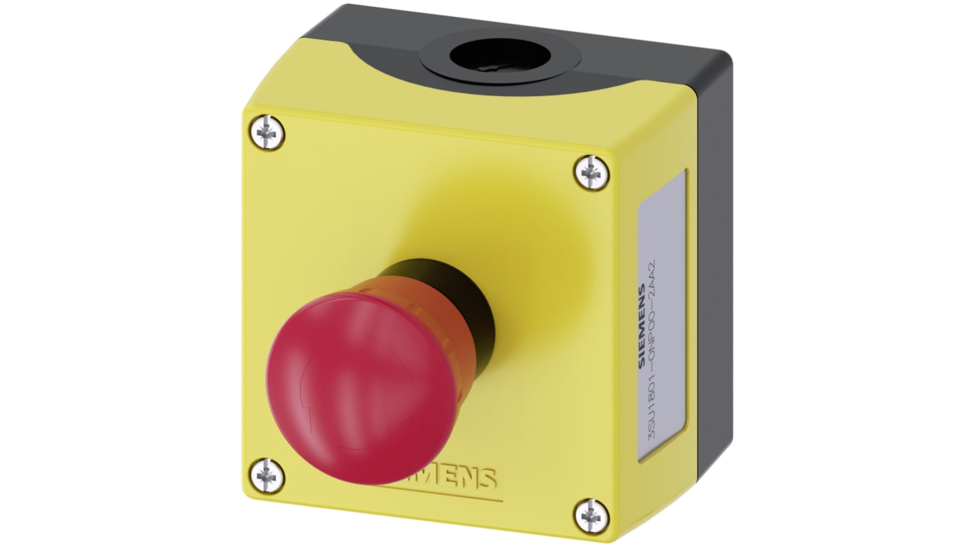 Pulsante di arresto di emergenza Siemens 3SU1801-0NP00-2AA2, rotondo rosso, montaggio superficiale, grado di protezione IP66/IP67/IP69.