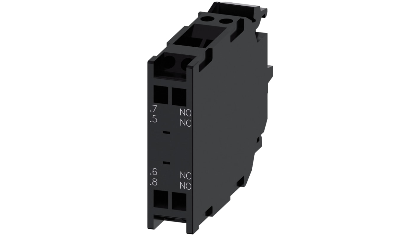 Siemens blocco contatti 1NO + 1NC, tensione 5-500 V, corrente 6A, montaggio su piastra, design robusto.
