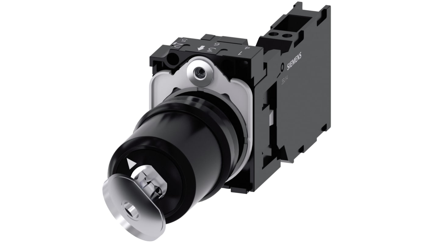 Interruttore a chiave Siemens 3SU1100-5BF11-3FA0, 2 posizioni, IP66/IP67/IP69, temperatura -25/+70°C, 500V, 1 NA e 1 NC.