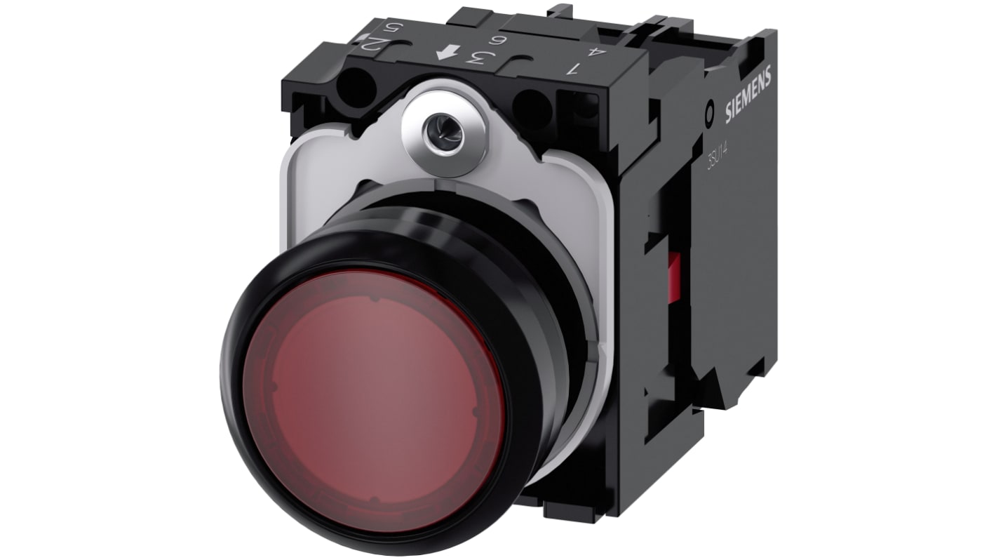 Pulsante luminoso rotondo Siemens 3SU1103-0AB20-1CA0, rosso, SPST, 22 mm, IP66/IP67/IP69K, con modulo LED 110 V AC, montaggio snap-on.