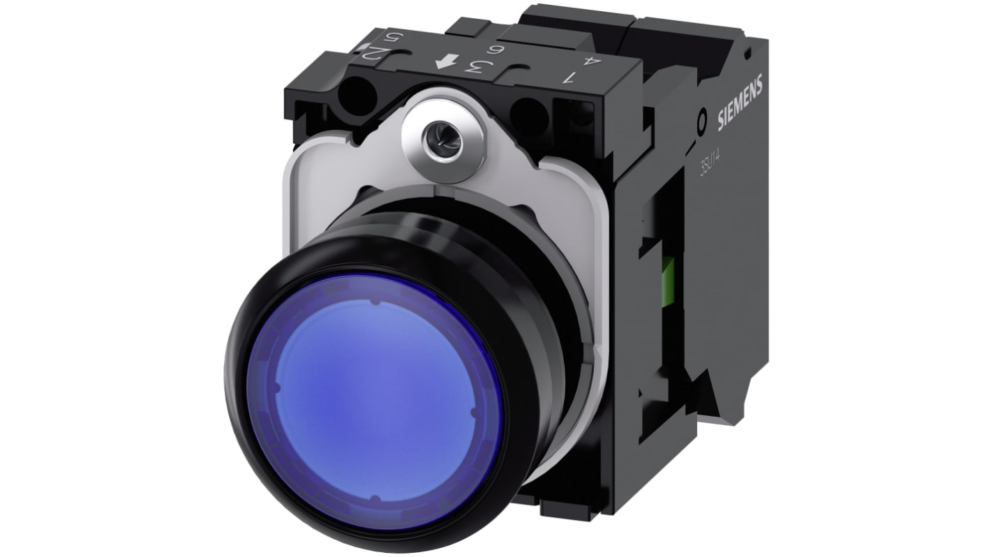 Pulsante luminoso Siemens 3SU1102-0AB50-3BA0, rotondo, IP66/IP67/IP69, diametro 22 mm, 1 NA, LED 24 V, plastica blu.