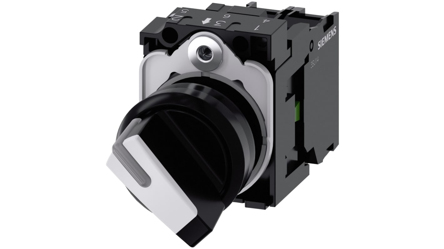 Selettore a 2 posizioni Siemens, rotondo, diametro 22 mm, colore bianco, con modulo LED integrato e grado di protezione IP66/IP67/IP69K.