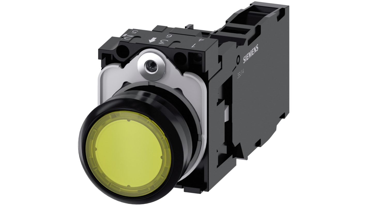 Pulsante luminoso Siemens 3SU1103-0AB30-1FA0, rotondo giallo da 22 mm, SPST, IP66/IP67/IP69K, con modulo LED 110 V AC e montaggio snap-on.