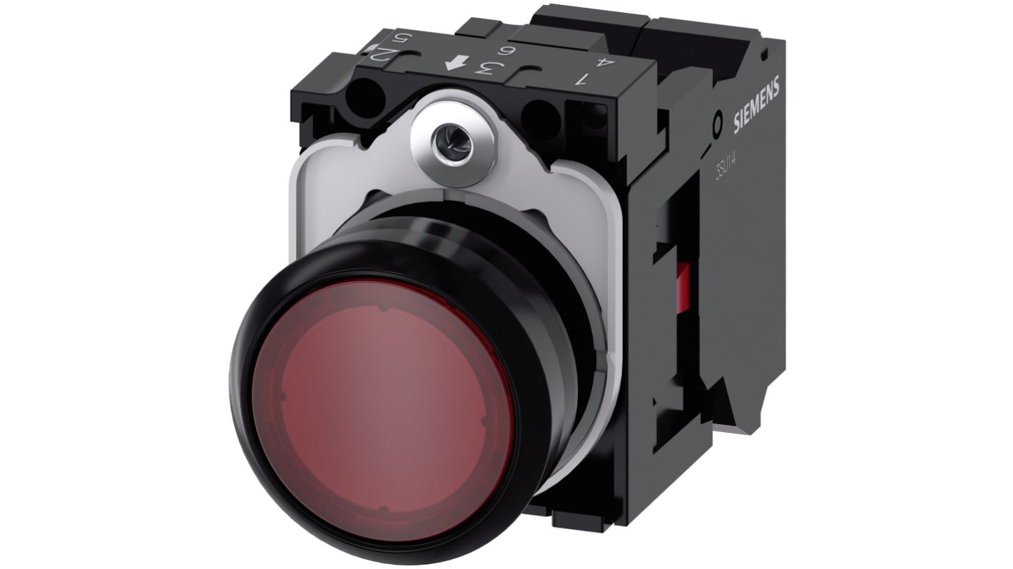 Pulsante luminoso Siemens SPST rotondo, rosso, 22 mm, IP66/IP67/IP69, montaggio snap-on, tensione 24 V, temperatura -25/+70 °C.
