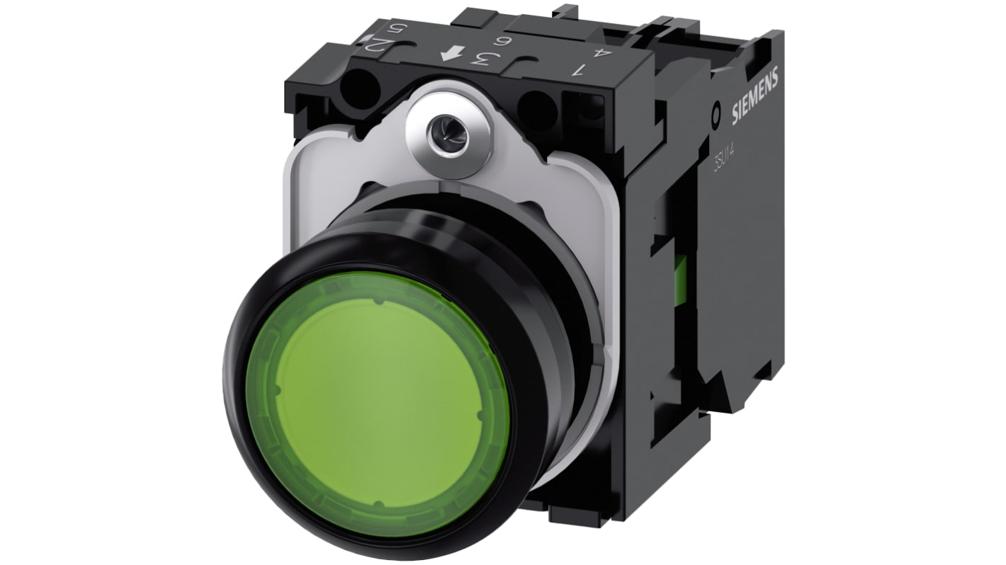 Pulsante luminoso Siemens 3SU1103-0AB40-1BA0, rotondo verde, SPST, 22 mm, IP66/IP67/IP69K, con LED integrato, montaggio snap-on.