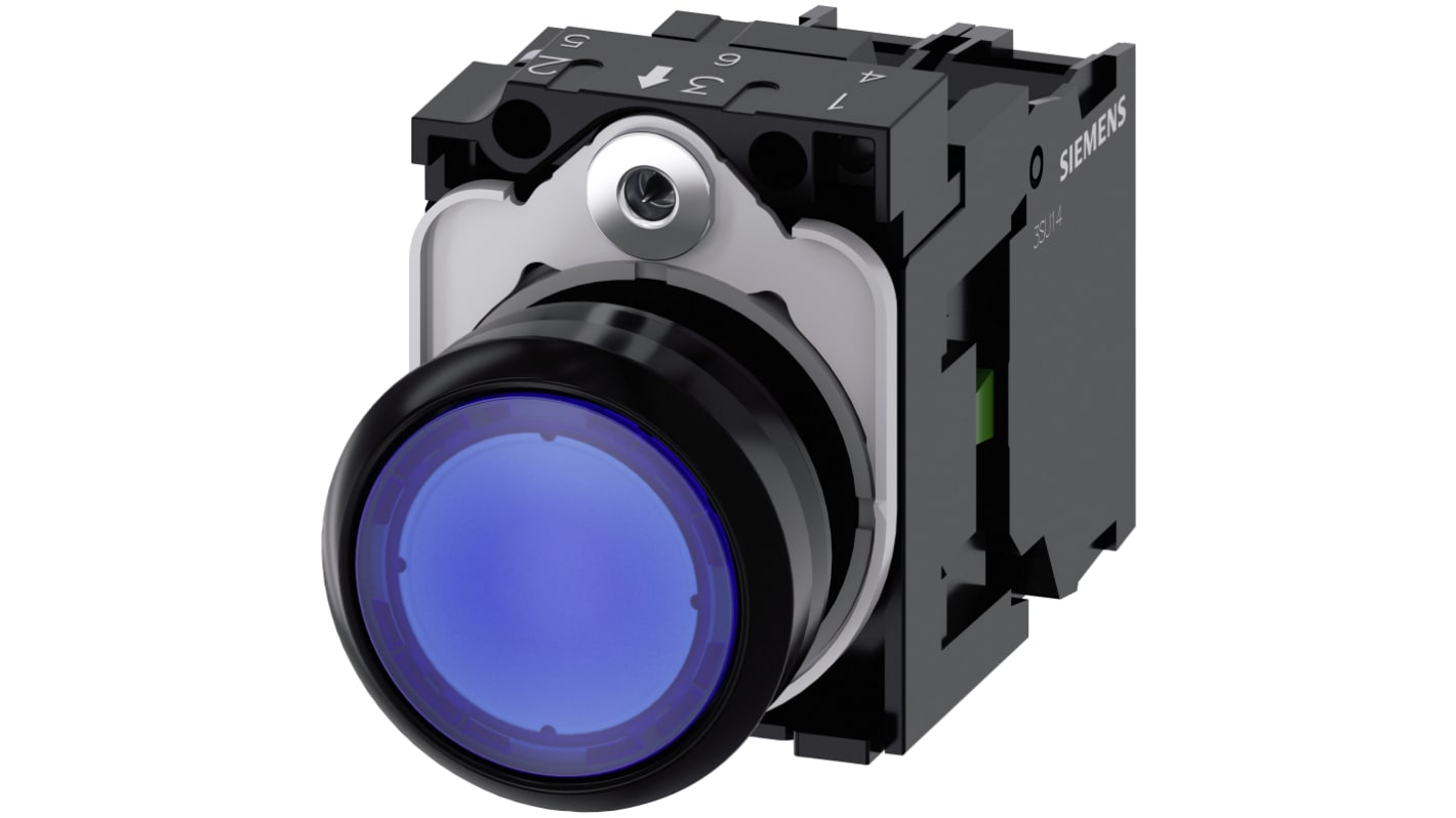 Pulsante luminoso Siemens 3SU1103-0AB50-1BA0, rotondo blu SPST, 22 mm, con modulo LED 110 V CA, grado di protezione IP66/IP67/IP69K.