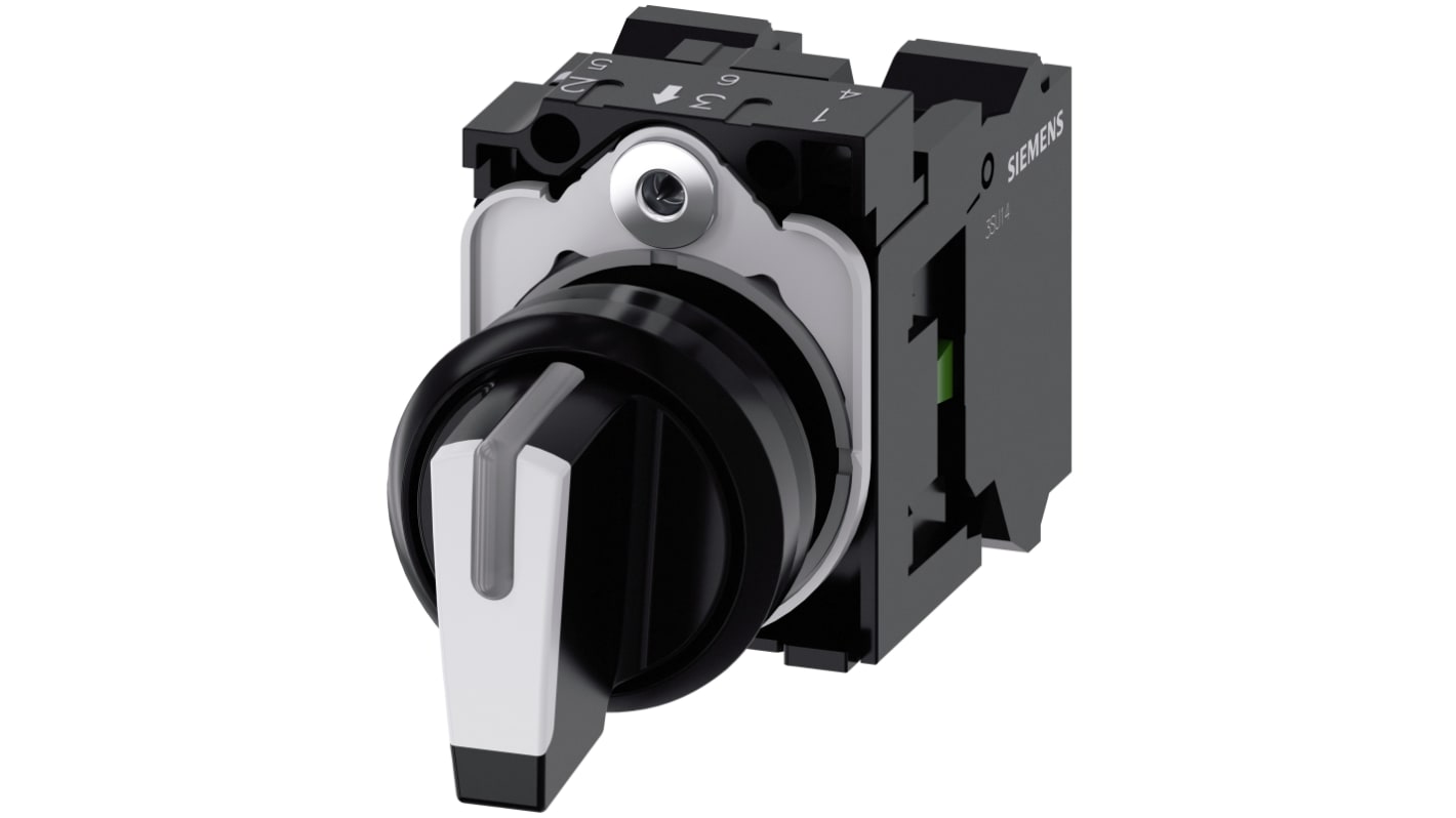 Selettore a 3 posizioni Siemens, rotondo, illuminabile, 22 mm, grado di protezione IP66/IP67/IP69K, installazione senza attrezzi.