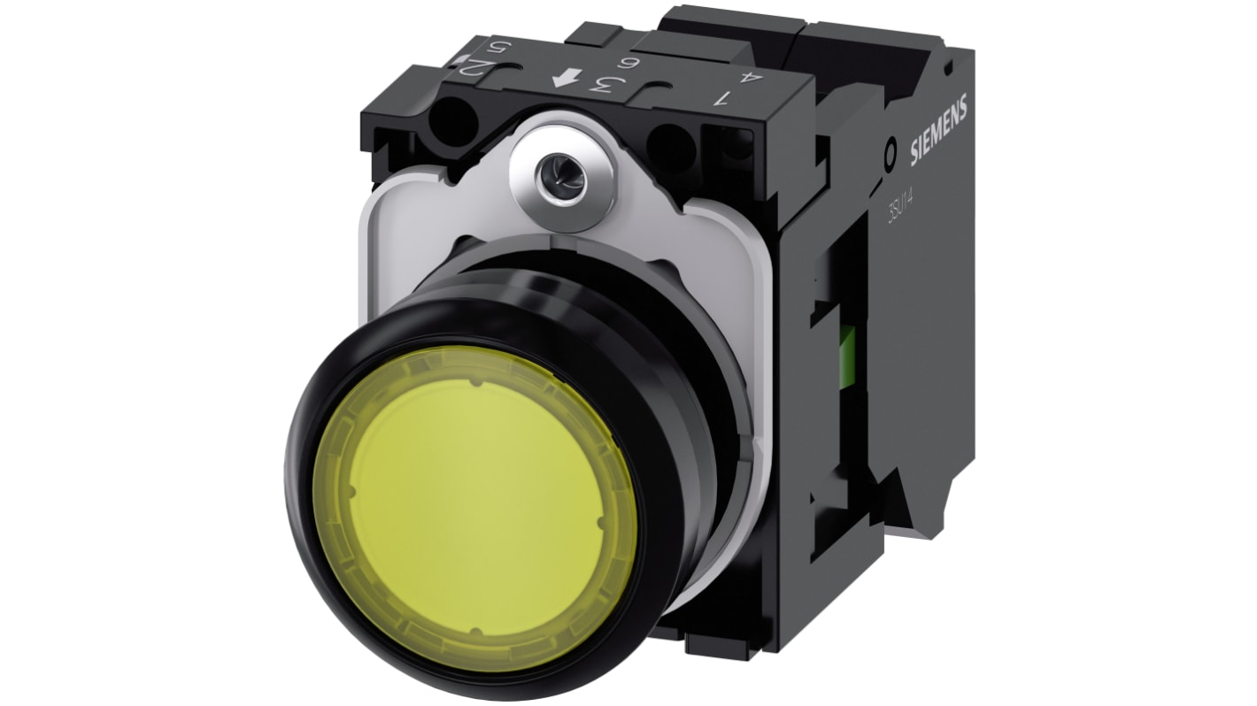 Pulsante luminoso Siemens 3SU1102-0AB30-3BA0, rotondo giallo, SPST, IP66/IP67/IP69, installazione snap-on, diametro 22 mm.
