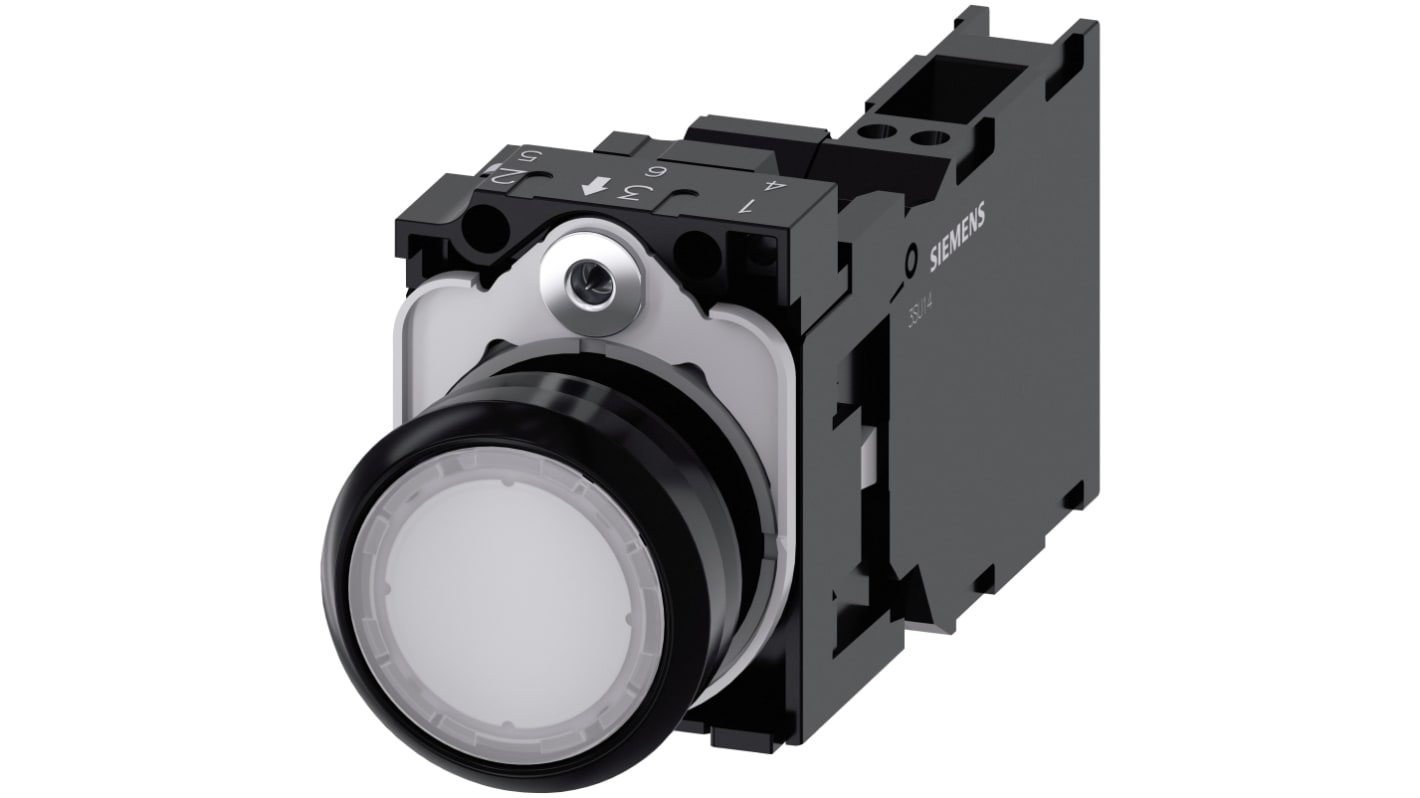 Pulsante luminoso Siemens 3SU1102-0AB60-3FA0, rotondo 22 mm, bianco, SPST, IP66/IP67/IP69, 24 V, installazione rapida.