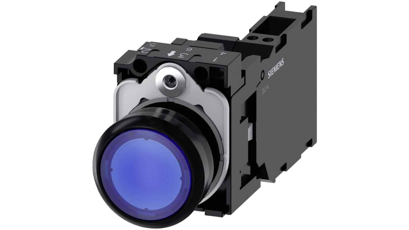 Pulsante luminoso Siemens 3SU1103-0AB50-3FA0, rotondo blu, SPST, IP66/IP67/IP69K, installazione snap-on, diametro 29.45 mm.
