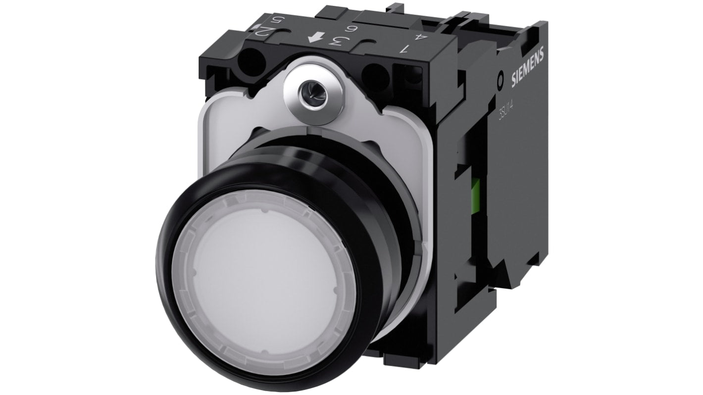 Pulsante luminoso Siemens SPST, 22 mm, bianco, IP66/IP67/IP69K, con modulo LED 110 V AC, installazione snap-on.