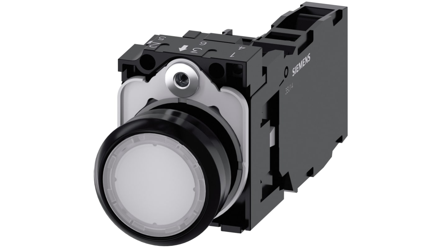 Pulsante luminoso Siemens 3SU1103-0AB60-1FA0, rotondo 22 mm, SPST, IP66/IP67/IP69K, montaggio senza attrezzi, contatto 1 NA+1 NC.