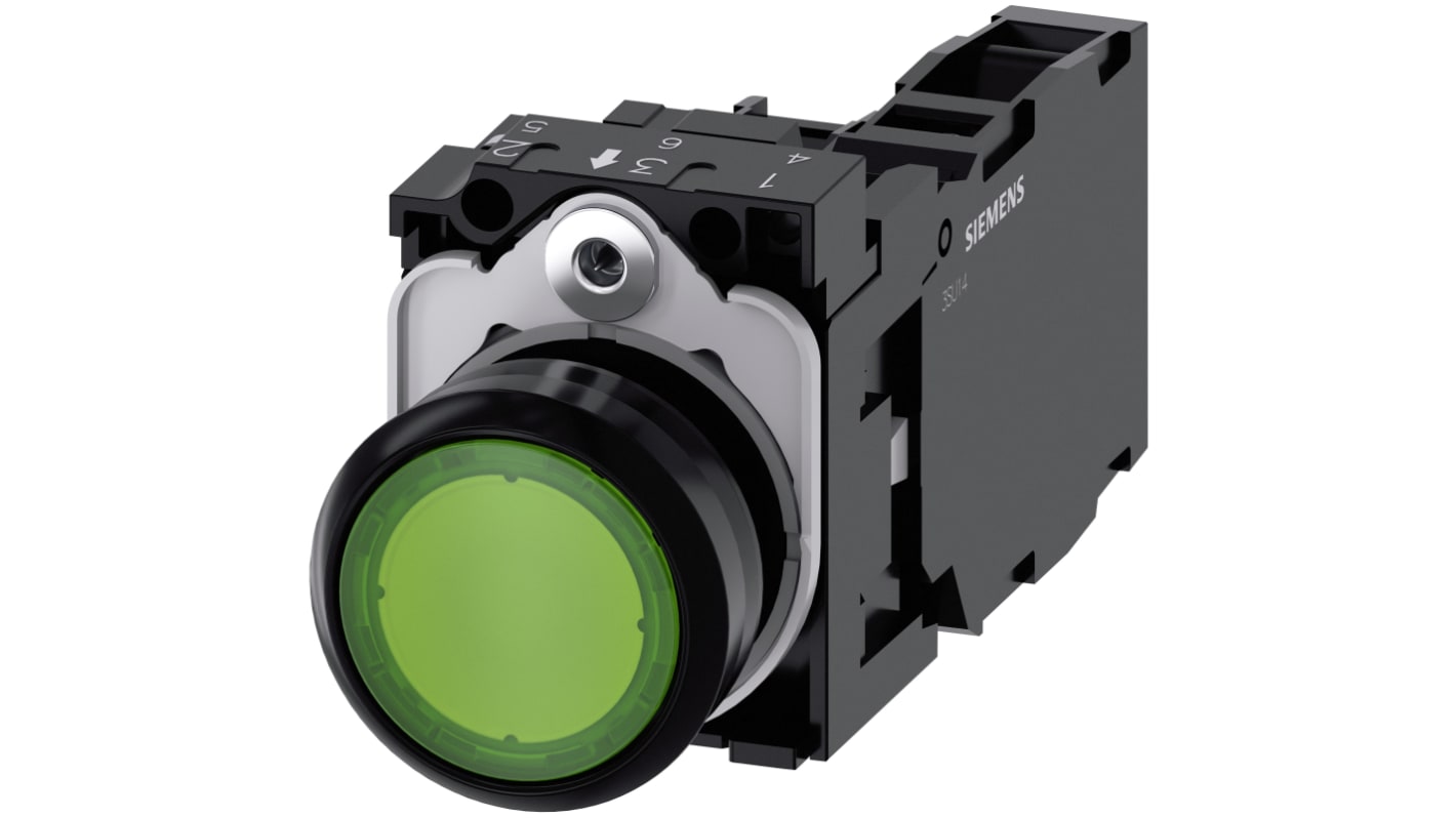 Pulsante luminoso Siemens 3SU1106-0AB40-1FA0, rotondo verde da 22 mm, SPST, IP66/IP67/IP69K, con modulo LED 230 V AC.