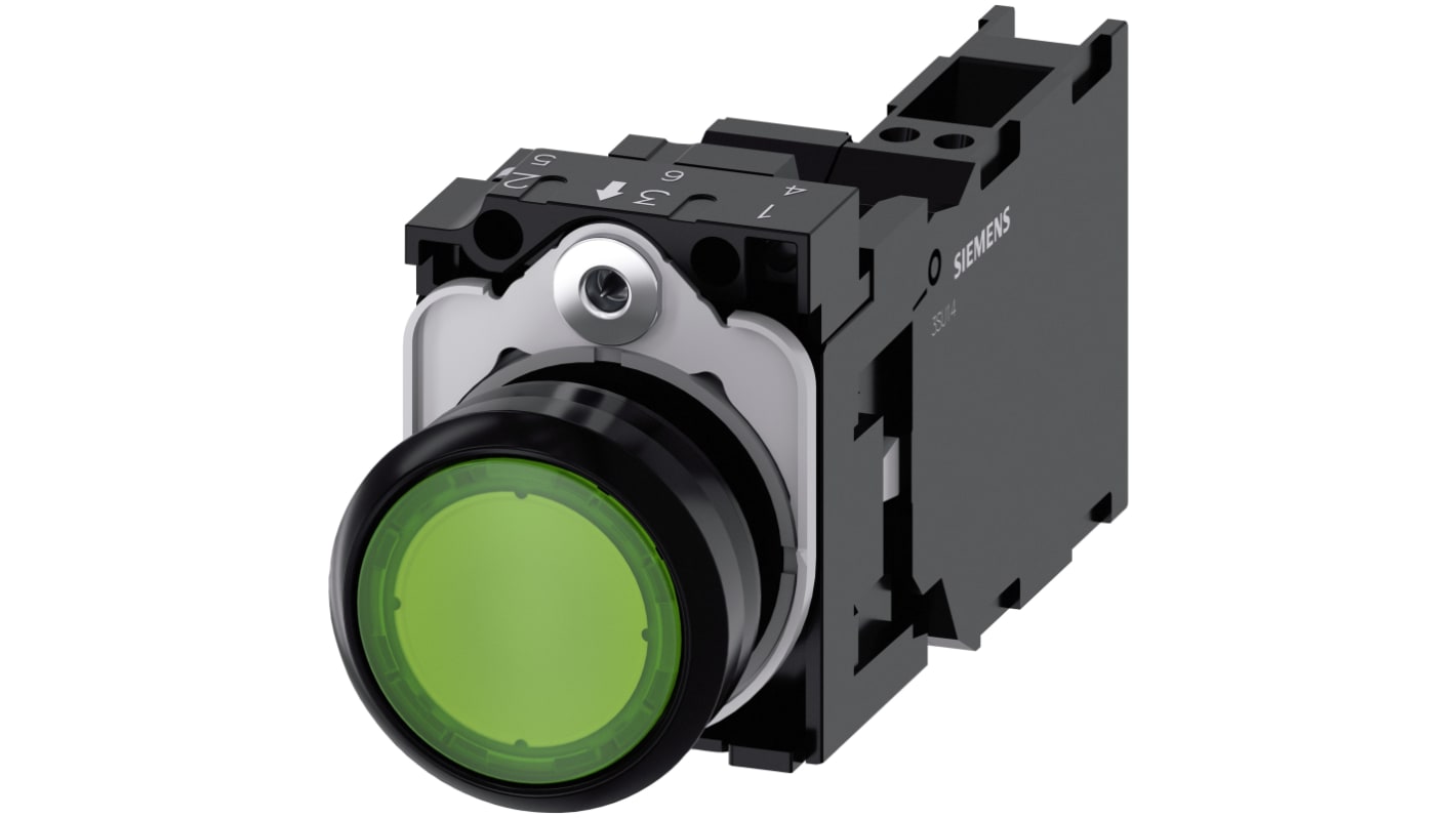 Pulsante luminoso Siemens SPST verde, 22 mm, con modulo LED 230 V AC, protezione IP66/IP67/IP69K, diametro 29.45 mm.