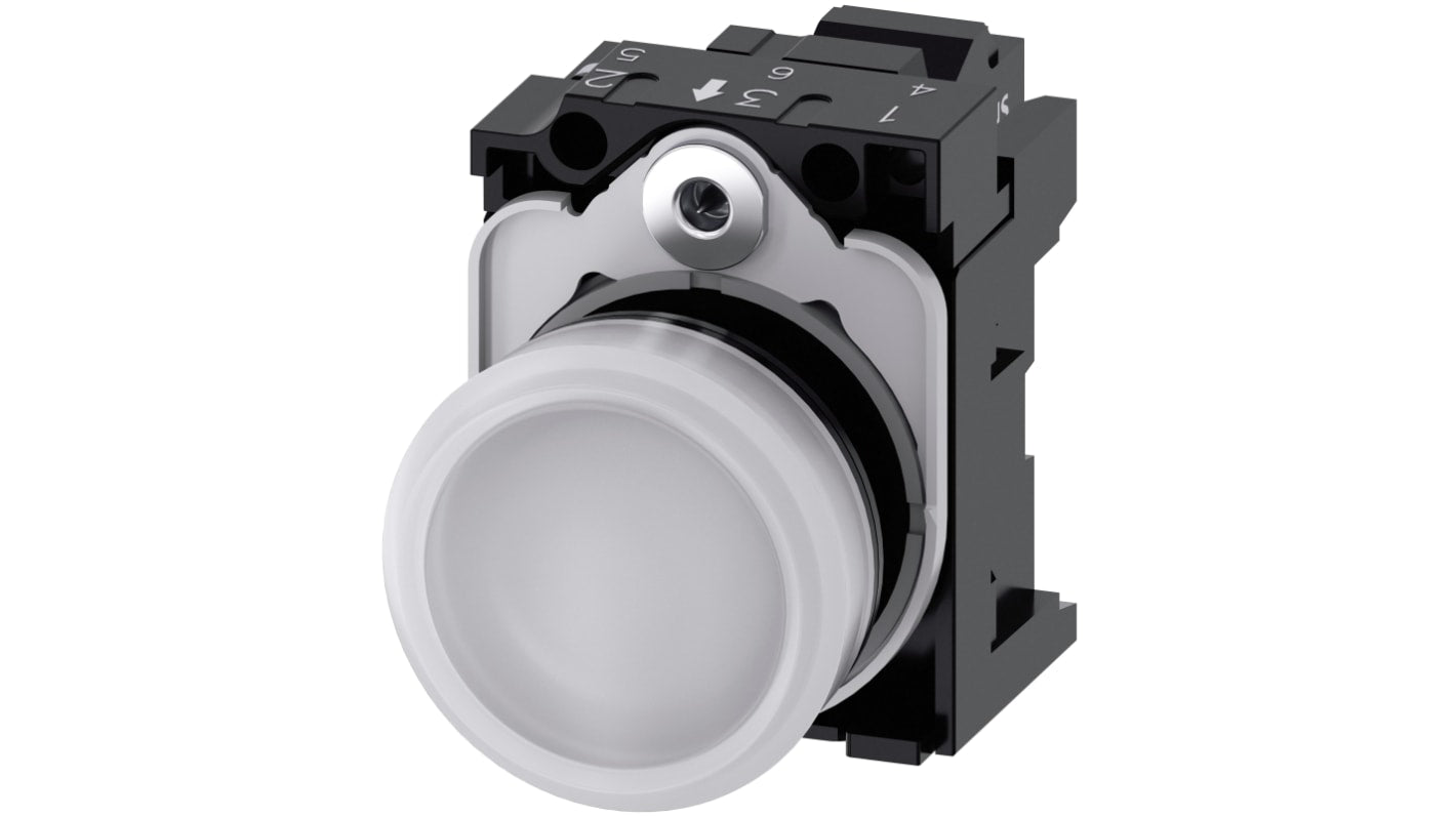Indicatore LED Siemens 3SU1103-6AA60-3AA0, montaggio a pannello, diametro 22 mm, tensione 110 V CA, colore bianco.