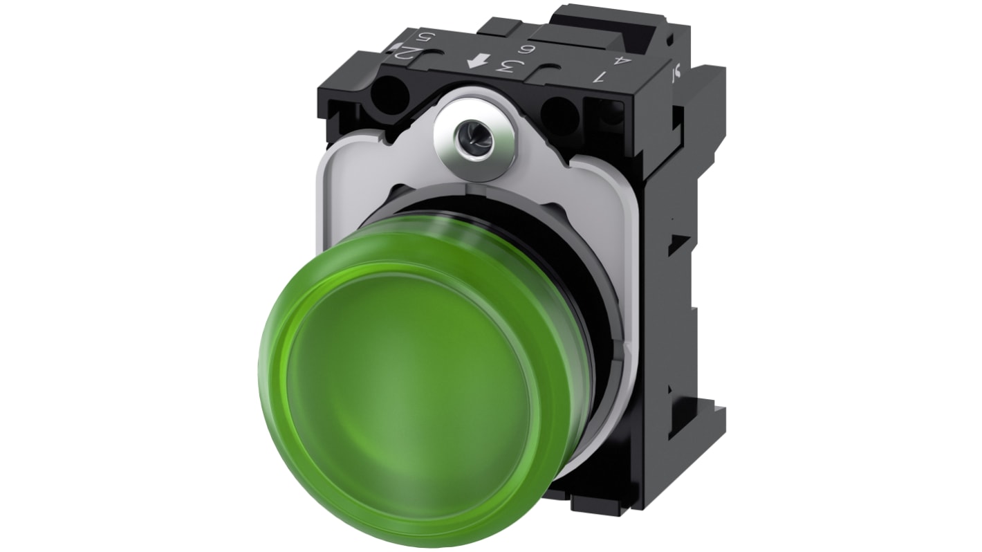 Indicatore LED Siemens 3SU1103-6AA40-3AA0, montaggio a pannello, diametro 22 mm, tensione 110 V CA, colore verde, resistente a polvere.