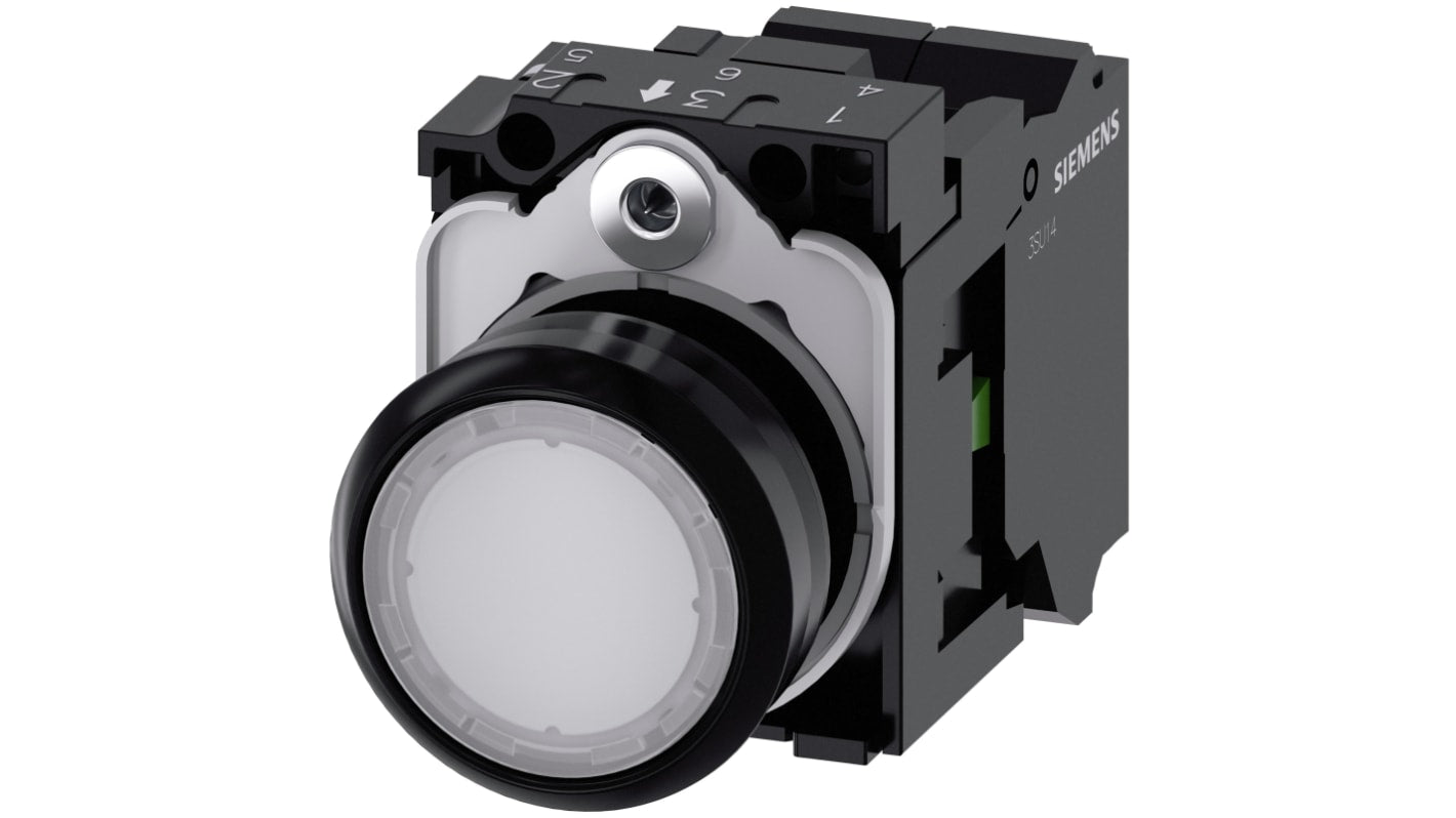 Pulsante luminoso Siemens 3SU1106-0AB60-3BA0, rotondo 22 mm, bianco, SPST, IP66/IP67/IP69K, installazione snap-on.