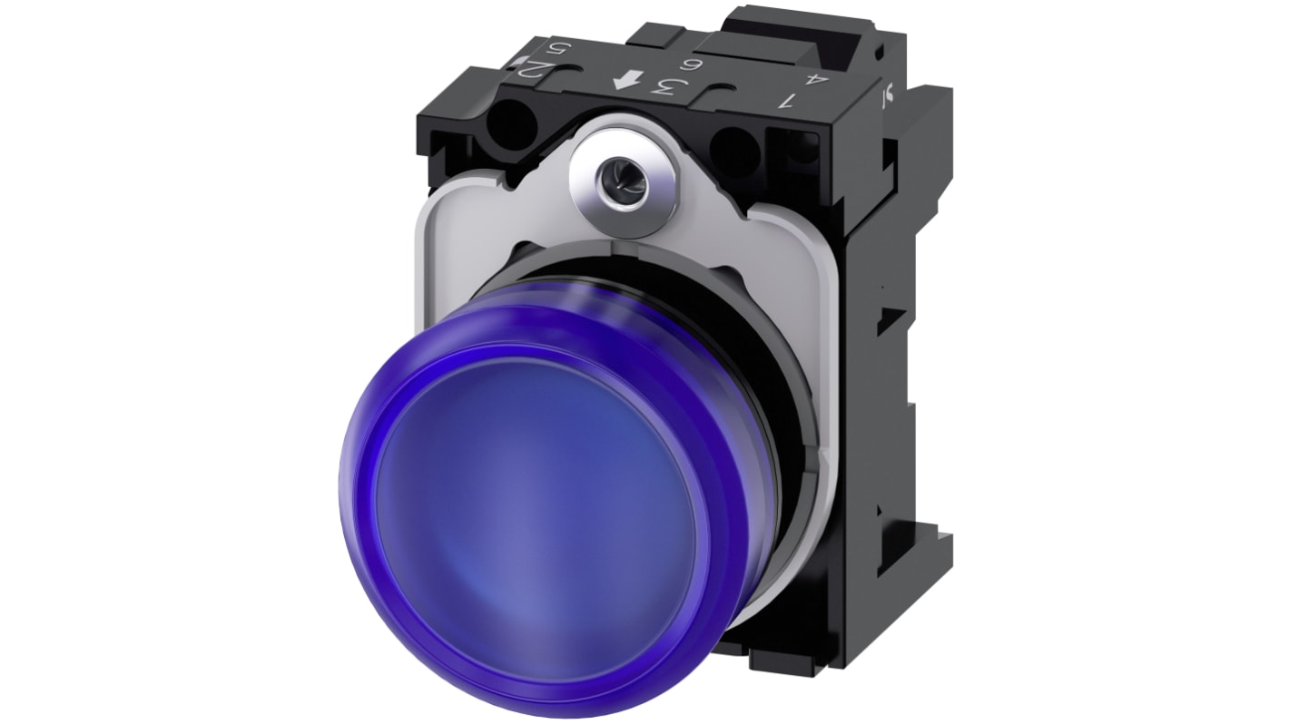 Indicatore LED Siemens SIRIUS ACT, montaggio a pannello, diametro foro 22 mm, colore blu, tensione 230 V CA.